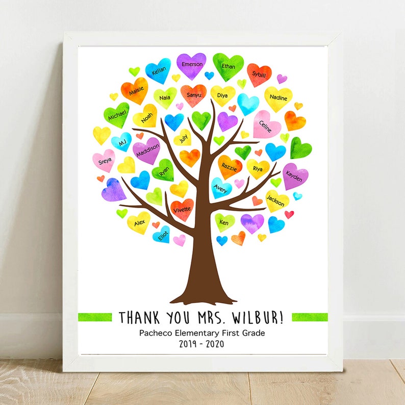 Personalized Teacher Gift Ideas, Teacher Appreciation Gift Custom Teacher Gift for Teacher Thank You Gift PRINTABLE Watercolor Hearts Tree image 1
