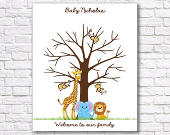 Safari Baby Shower libro de invitados personalizado, libro de visitas de Babyshower de la selva de huellas dactilares IMPRIMIBLE, árbol de huellas dactilares, jirafa león elefante mono