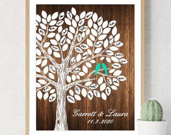 Personalisierter Hochzeitsgästebuchdruck, rustikale Hochzeitsbaum-Vögel, bedruckbare Wandkunst, individuelles Gästebuch, Hochzeitsgeschenk aus Holz, Partygeschenk