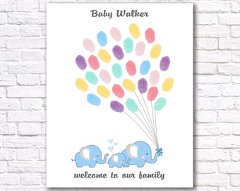 Personalized Elephant Baby Shower Fingerprint Guest Book Alternative, PRINTABLE Babyshower Guestbook Boy Girl, Custom Nursery Wall Art Decor