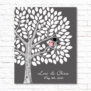 Unique Wedding Guest Book Alternative, Personalized Wedding Guestbook Tree, Custom Bridal Party Sign, Bride Groom Owl Family Gift, PRINTABLE image 1
