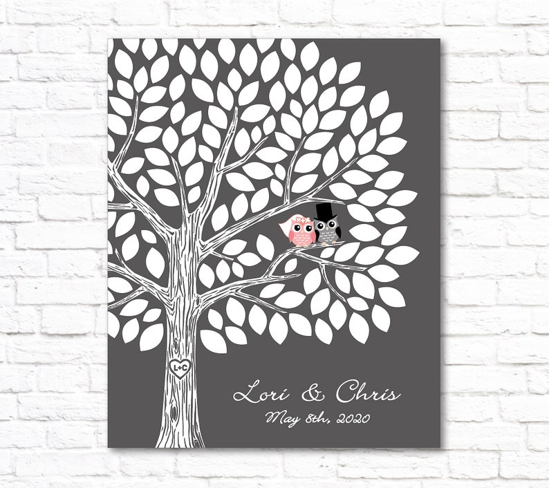 Unique Wedding Guest Book Alternative, Personalized Wedding Guestbook Tree, Custom Bridal Party Sign, Bride Groom Owl Family Gift, PRINTABLE image 1