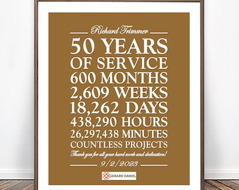 50 Year Work Anniversary Gift, Personalized 50 Years of Service Employee Gift, ANY YEAR Printable Thank You Gift for Coworker, Boss Print