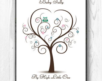 Baby Shower Guest Book Fingerprint Tree, Cute Baby Shower Guestbook, Thumbprint Tree Baby Owl and Flowers, Custom Finger Print Guest Book