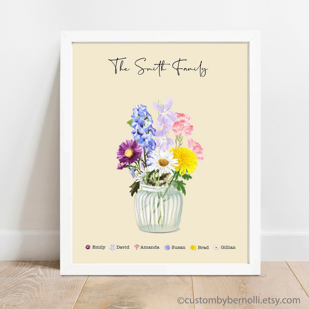 Personalized Birth Month Flower Print, Custom Family Flower in Vase Printable, Watercolor Floral