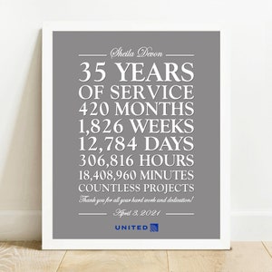 Gepersonaliseerde 35 jaar dienstcadeau voor werknemer, ELK JAAR werkverjaardag print voor werknemer, teamlid collega pensioen AFDRUKBAAR