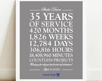 35 Years of Service, Personalized 10 Year 15 Year 20 Year 25 30 40, ANY YEAR Work Anniversary Gift for Employee, Worker Retirement PRINTABLE