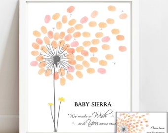 Girl Baby Shower Guest Book Alternative Personalized Dandelion Fingerprint Tree PRINTABLE Babyshower Guestbook Custom Flower Baby Girl Gift