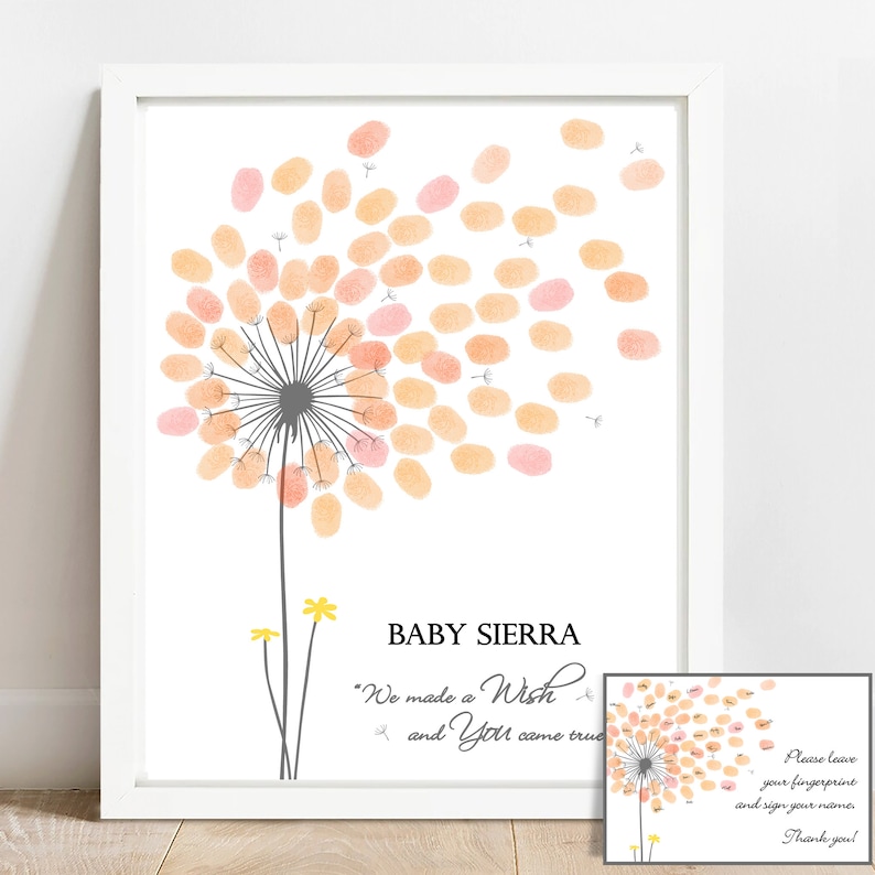 Girl Baby Shower Guest Book PRINT and printable digital download options, Personalized Dandelion Flower Fingerprint Tree, Thumbprint Babyshower Guestbook Alternative, Custom Wildflower Thumb Print Baby Girl Birthday Party Decor, Customized Gift with any text for any occasion, Baby Nursery Wall Art Ideas.
Your guests can leaf their thumb print and sign their names to personalize this unique Baby Shower dandelion design that you can appreciate for years on your wall.