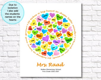 Personalized Gift for Teacher, Custom End of Year Thank You Gift Rainbow Hearts, PRINTABLE Teacher Appreciation Gift from Class or Student