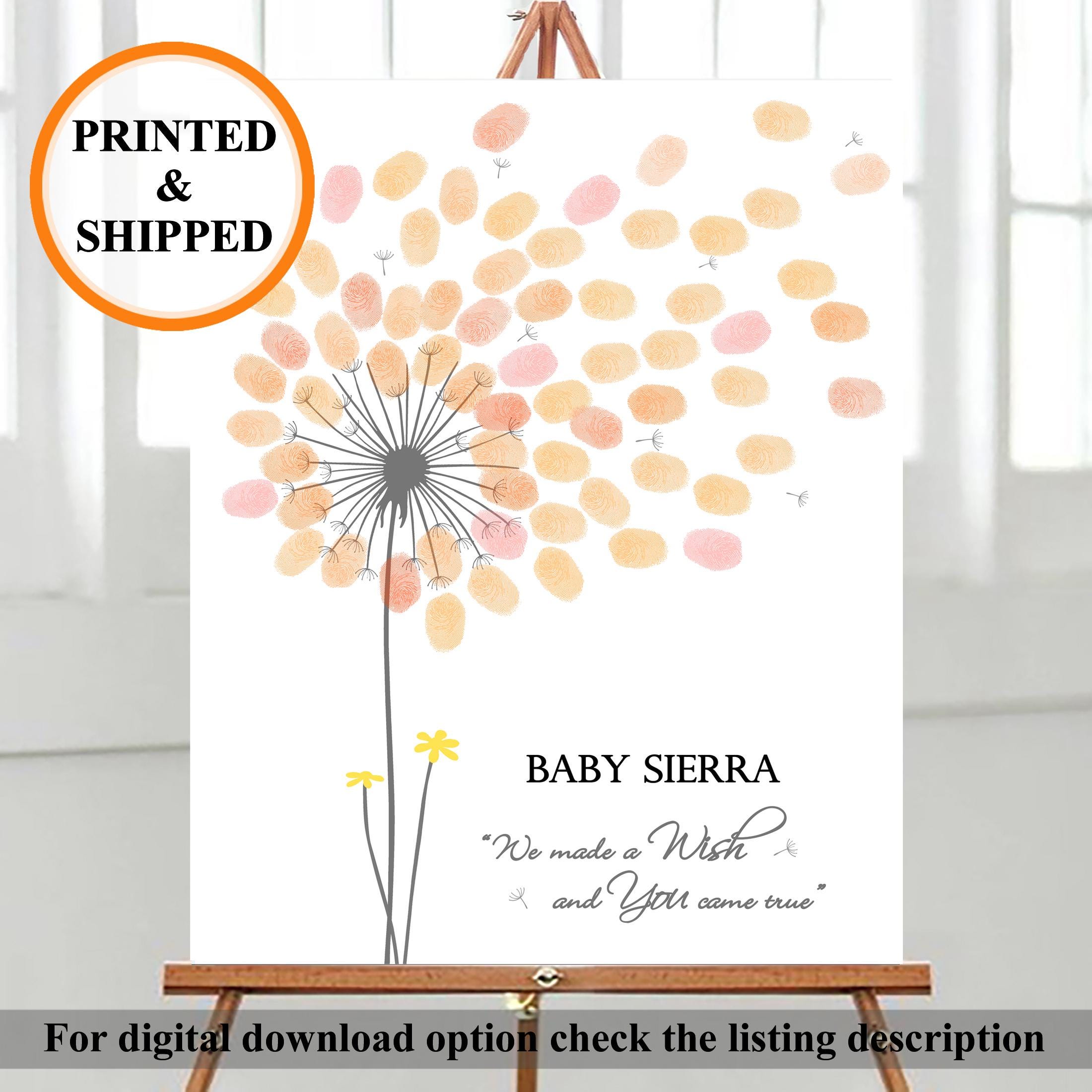 Girl Baby Shower Guest Book PRINT, Personalized Dandelion Fingerprint