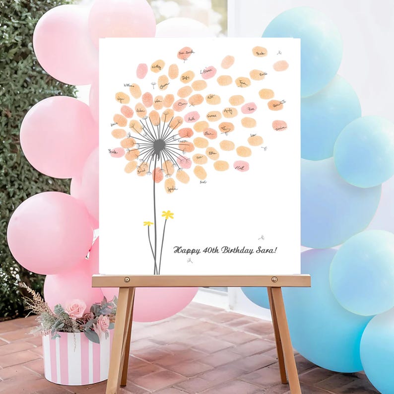 Girl Baby Shower Guest Book PRINT and printable digital download options, Personalized Dandelion Flower Fingerprint Tree, Thumbprint Babyshower Guestbook Sign Alternative, Custom Wildflower Thumb Print Baby Girl Birthday Party Decor, Customized Gift with any text for any occasion, Baby Nursery Wall Art Ideas.
Your guests can leaf their thumb print and sign their names to personalize this unique Baby Shower dandelion design that you can appreciate for years on your wall.