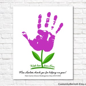 Teacher hand print flower, personalized teacher gift from student, PRINTABLE thank you gift for teacher appreciation, Preschool Kindergarten