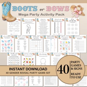 May include: A collection of 40 gender reveal party games and signs, ready to use. The design features a cowboy boot and a bow, with the text "BOOTS or BOWS" at the top. The set includes bingo, trivia, and other fun activities.
