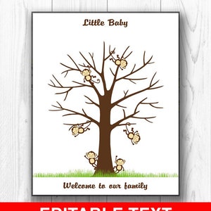 Monkey Baby Shower Guest Book Alternative Fingerprint Tree, Custom Baby Shower Guestbook Thumbprint Tree Babyshower PRINTABLE, EDITABLE Text