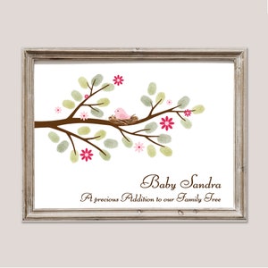 Custom Girl Baby Shower Guest Book Alternative Bird Fingerprint Tree Personalized Thumbprint Printable Babyshower Guestbook Digital Print