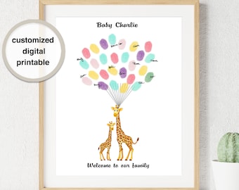 Giraffe Baby Shower Guest Book Alternative, Fingerprint Printable Babyshower Thumbprint Guestbook Ideas, Finger Print Wall Art Baby Boy Girl