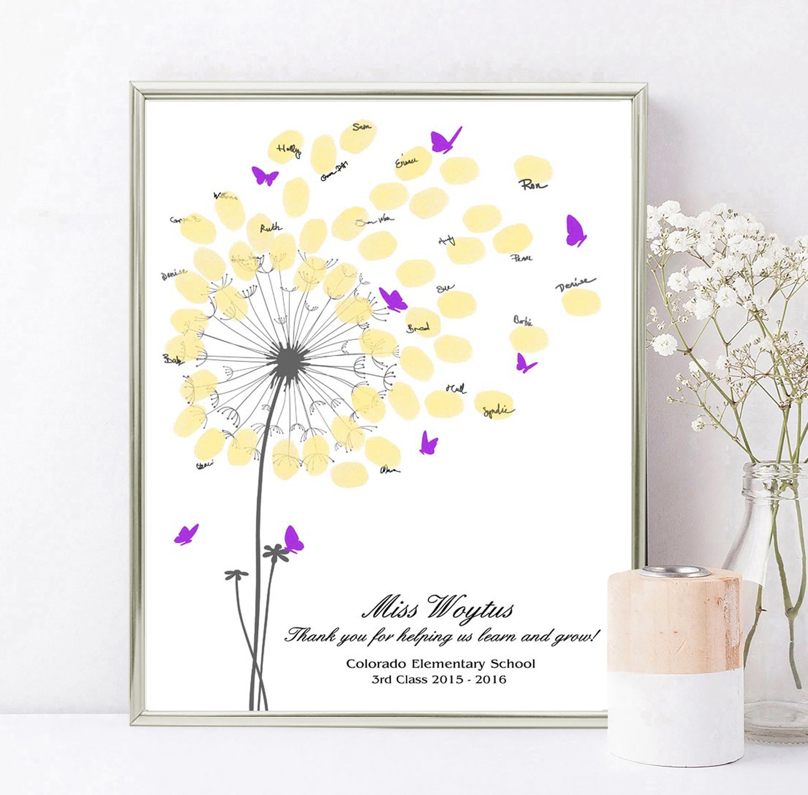 Teacher Appreciation Gift, Fingerprint Dandelion Teacher Thank You Gift ...