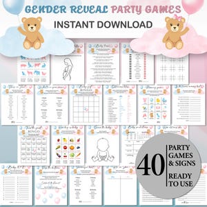 Paquete de juegos para revelar el género del bebé con ositos y globos azules y rosados. Juego de fiesta para revelar el género del bebé. Adivina el género del bebé imprimible. DESCARGA INSTANTÁNEA.