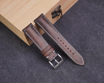 Patina Brown Leather Watch Strap: Handmade Cowhide Band, Custom Size