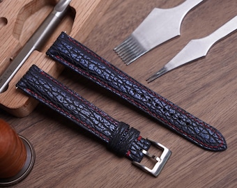 Handmade dark navy Shark Leather and red stitch Watch Strap: Custom Sizes Available
