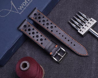 Handmade Black Rally butero Leather Watch Strap: Custom Sizes Available