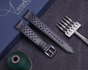 Handmade Black Rally calfskin embossed with pigskin pattern Leather Watch Strap: Custom Sizes Available