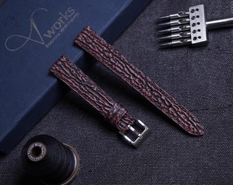 Handmade Burgundy Black Shark Leather Watch Strap: Custom Sizes Available
