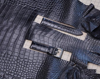 Handmade Black Alligator Leather Watch Strap: Custom Sizes & Stitching