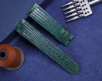 Handmade Green Lizard Leather Watch Strap: Custom Sizes, Quick Release