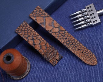 Handmade Cognac Ostrich Leg Leather Watch Strap: Custom Sizes, Quick Release