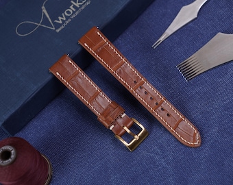 Handmade Whisky Brown Alligator Leather Watch Strap: Custom Sizes & Stitching