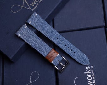 Handmade jean Canvas Leather Watch Strap: Custom Stitch Cowhide Band