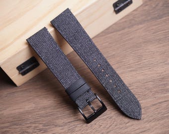 Correa de reloj de lona negra hecha a mano: correa de cuero personalizada