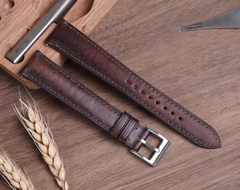 Patina Dark Brown cowhide Leather Watch Strap: Handmade Cowhide Band, Custom Size