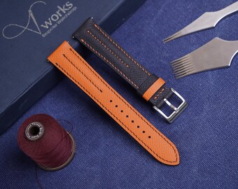 Handmade Black & Orange double padding Leather Watch Strap: Custom Cowhide Band