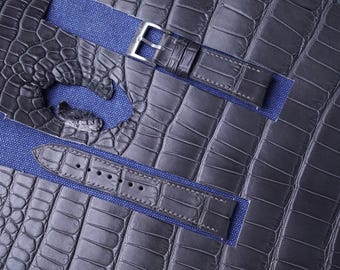 Custom Dark Grey Alligator Leather Watch Strap, Handmade, Bespoke