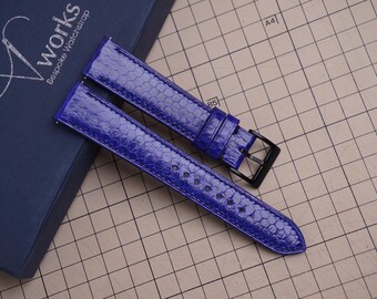 Handmade blue Sea Snack Leather Watch Strap: Custom Sizes, Quick Release