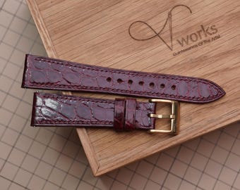 Handmade Burgundy Leather Watch Strap: Custom Length & Stitching