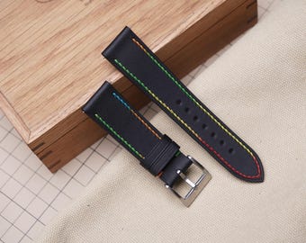 Handmade Black Leather Watch Strap: Custom Cowhide Band, 16mm-20mm