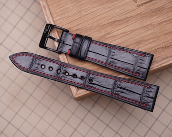 Handmade Black Alligator Leather Watch Strap: Custom Sizes & Stitching