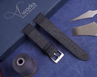 Handmade Black Canvas Watch Strap, Leather Accents, Custom Size