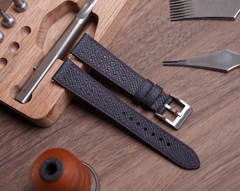 Custom Epsom Leather Watch Strap, Dark Red Stitching, Bespoke Fit