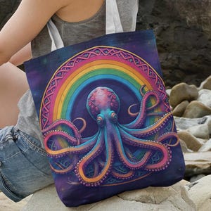 Octopus Tragetaschen - Hübsche Regenbogen-Oktopus-Tasche für Strand oder Pool, lustige Meerestier-Einkaufstaschen für Mädchen Jungen oder Erwachsene, klein, mittelgroß