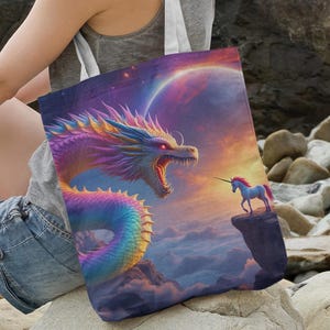 Sac fourre-tout dragon-sac de plage licorne arc-en-ciel pour filles ou garçons, jolis sacs à provisions réutilisables d'art fantastique, sacs de voyage amusants et colorés pour enfants