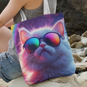 Cool Cat - Sac de plage hipster pour chaton pour garçon ou fille, lunettes de soleil rétro Kitty, sacs à provisions réutilisables, sacs de voyage colorés amusants pour enfants