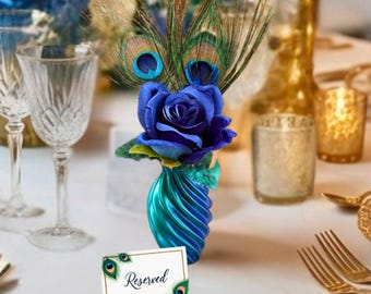 Mini Peacock & Faux Rose Centerpiece with Place Card Holder Stand, Small Blue Wedding Reception Decor and Rehearsal Dinner Table Decorations