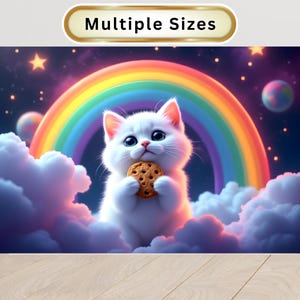 Cute Cat Poster - Kitten with Cookie Wall Art, Rainbow Kids Room Decor, Colorful Nursery Print or Playroom Picture