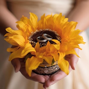 May include: Two silver-toned metal rings with textured bands rest on the dark brown, seed-filled center of a bright yellow sunflower. The base of the flower is wrapped in a black and tan lace ribbon adorned with small, clear, reflective rhinestones.