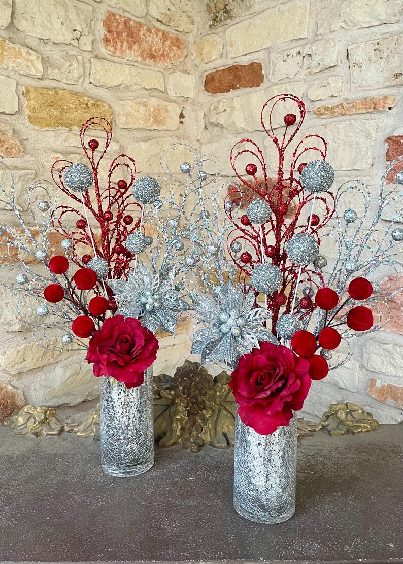 Set of Christmas Floral Arrangements Holiday Centerpieces With Red